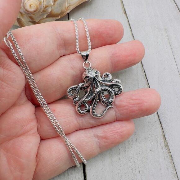 Octopus Sterling Silver Necklace Rounded Box Chain - Picture 8 of 11
